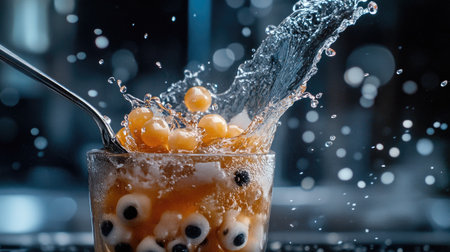A creative composition of iced bubble tea, tapioca pearls in a spoon, and an artistic splash effect.の素材