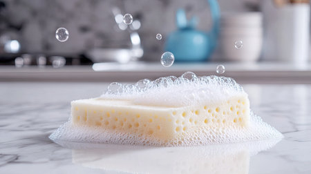 A dishwashing sponge with soap bubbles on a pristine, white marble kitchen countertop.の素材