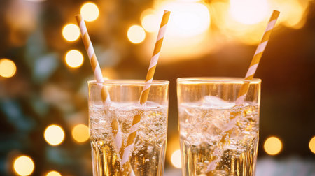 A dreamy sunset party with eco-friendly striped paper straws in glasses of sparkling water, surrounded by fairy lights.の素材