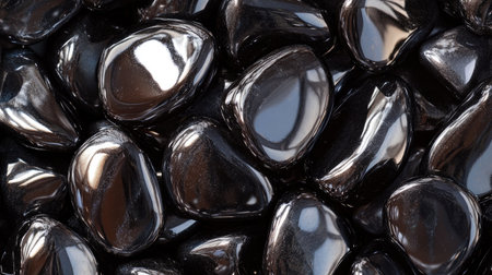 A macro shot of glossy sea pebbles reflecting light, highlighting their smooth and polished surfaces.の素材