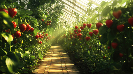 A pathway through a lush strawberry greenhouse, lined with plants bearing ripe, red fruits.の素材