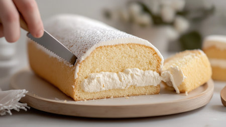 A fluffy sponge cake roll being sliced with a knife, revealing its creamy center.の素材