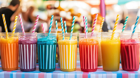 A fresh juice stand showcasing eco-friendly striped paper straws with colorful drink options in a lively market.の素材