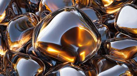 A macro shot of glossy sea pebbles reflecting light, highlighting their smooth and polished surfaces.の素材