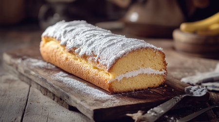 A fluffy sponge cake roll with powdered sugar dusted on top, resting on a rustic table.の素材