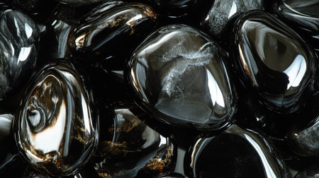 A macro shot of glossy sea pebbles reflecting light, highlighting their smooth and polished surfaces.の素材