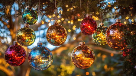 A festive scene of ornament balls hanging from a Christmas tree, reflecting colorful string lights.の素材