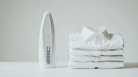 A minimalist photo of a cordless electric iron beside a small stack of white shirts, highlighting simplicity on a white background.の素材