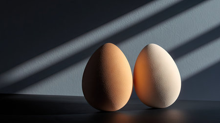 A minimalist composition of egg-shaped makeup sponges on a matte black surface with soft lighting.の素材
