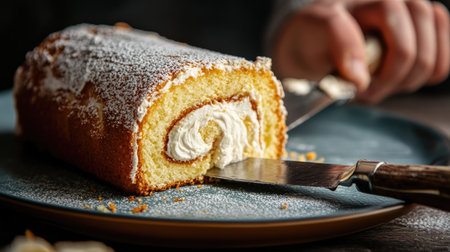 A fluffy sponge cake roll being sliced with a knife, revealing its creamy center.の素材