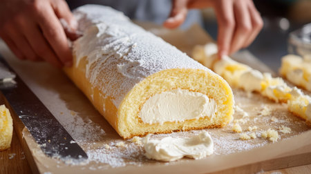 A fluffy sponge cake roll being unrolled and filled with cream, showing the baking process.の素材