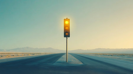 A minimalist shot of a traffic light showing yellow, hanging over a wide road with a bright sky.の素材