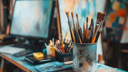 A metal pencil vase holding office supplies, sitting next to a computer monitor on a tidy desk.の素材