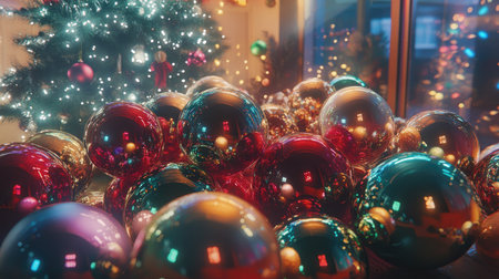 A pile of colorful ornament balls with reflections of a holiday room filled with lights and joy.の素材