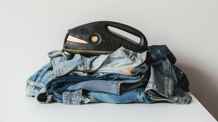 A mix of denim jeans and shirts with an electric iron on top, set against a pure white surface.の素材
