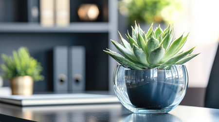 A glass pencil vase on a sleek office desk, paired with metallic accents and a potted succulent.の素材