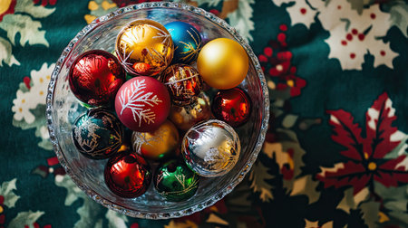 A high-angle view of colorful ornament balls in a crystal bowl on a holiday-themed tablecloth.の素材