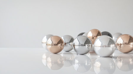 A minimalist composition of ornament balls in metallic tones placed symmetrically on a white surface.の素材