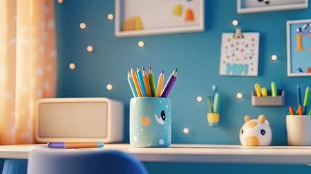 A pencil vase in a playful design, filled with colorful pens, sitting on a child's homework desk.の素材