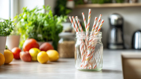 A modern eco-friendly kitchen counter with striped paper straws in a glass jar and fresh produce.の素材