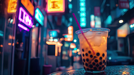A nighttime city setting with glowing bubble tea shop signs and a close-up of iced bubble tea in hand.の素材