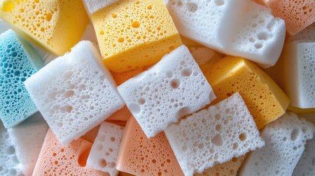 A pile of old and new dishwashing sponges showing the contrast between wear and freshness.の素材