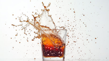 A glass of cola overflowing with a dramatic splash, bubbles rising energetically, set against white.の素材