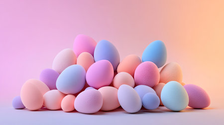 A pile of egg-shaped makeup sponges in varying sizes and shades, displayed on a gradient ombre background.の素材