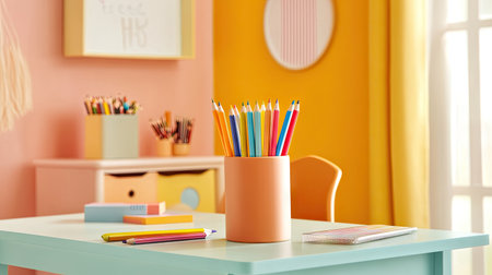 A pencil vase in a playful design, filled with colorful pens, sitting on a child's homework desk.の素材