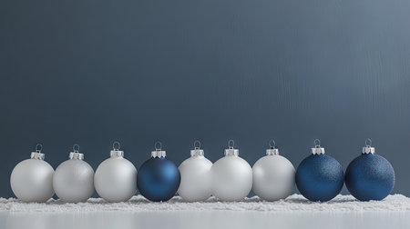 A modern holiday display featuring monochromatic ornament balls in a gradient from white to deep blue.の素材