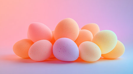 A pile of egg-shaped makeup sponges in varying sizes and shades, displayed on a gradient ombre background.の素材