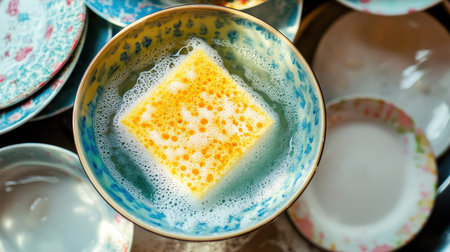 A high-angle shot of a sponge resting in a dish of soapy water, surrounded by dirty plates.の素材