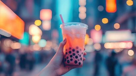 A hand holding a cup of iced bubble tea against a vibrant cityscape with blurred lights in the background.の素材