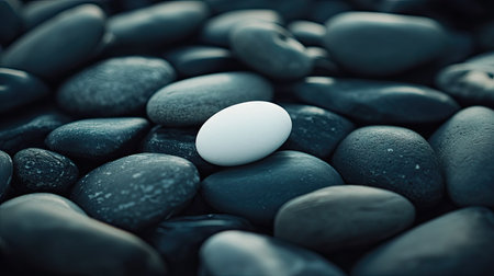 A natural arrangement of sea pebbles with a single white stone standing out among darker tones.の素材