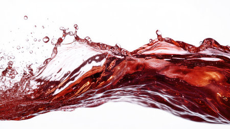 A flow of red wine cascading into a glass, isolated on white, with a focus on the splash and rich red tonesの素材