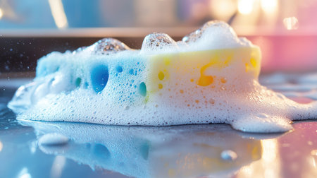 A dishwashing sponge covered in bright, frothy soap suds, resting on a wet countertop.の素材