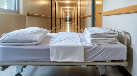Hospital bed with neatly folded sheets positioned against a wall in a silent, empty corridor.の素材