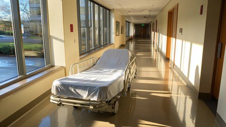 Hospital bed parked alone in an empty corridor, with long shadows on a freshly polished floor.の素材