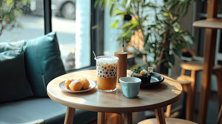 A cozy table setup with iced bubble tea, a plate of pastries, and a warm aesthetic in a modern cafe.の素材