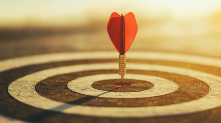 A dartboard with a single dart on the bullseye, symbolizing focus and achieving goals.の素材