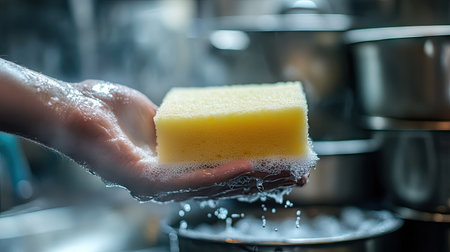 A hand holding a dishwashing sponge, with a stack of greasy pots waiting to be cleaned in the background.の素材