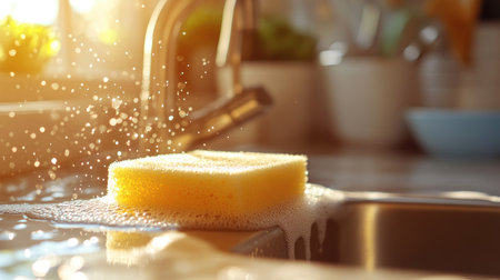 A dishwashing sponge resting on the edge of a sink, surrounded by sparkling clean dishes.の素材