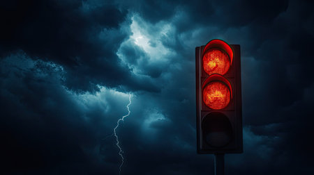 A dramatic composition of a traffic light showing red, with dark storm clouds and a streak of lightning in the background.の素材