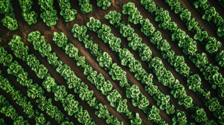 A drone view of a sprawling strawberry greenhouse farm with rows of vibrant plants.の素材