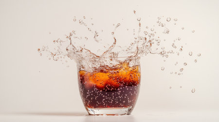 A glass of cola overflowing with a dramatic splash, bubbles rising energetically, set against white.の素材
