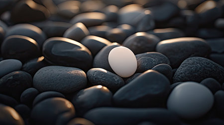 A natural arrangement of sea pebbles with a single white stone standing out among darker tones.の素材