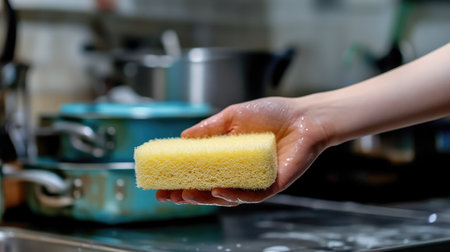 A hand holding a dishwashing sponge, with a stack of greasy pots waiting to be cleaned in the background.の素材