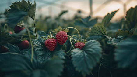A focus shot of strawberries and green leaves, with a blurred background of greenhouse rows.の素材