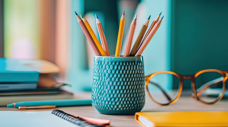 A desk with a personalized pencil vase, filled with pens and pencils, placed beside a planner and glasses.の素材