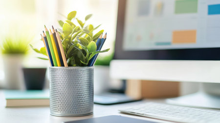 A metal pencil vase holding office supplies, sitting next to a computer monitor on a tidy desk.の素材